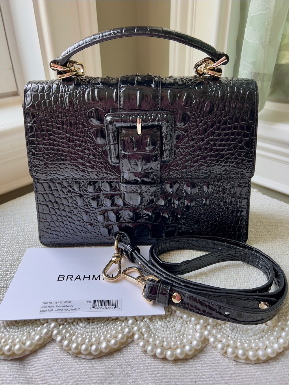 New Brahmin Leather SMALL HALLIE Satchel Bag, Croc-Embossed, Black Melbourne